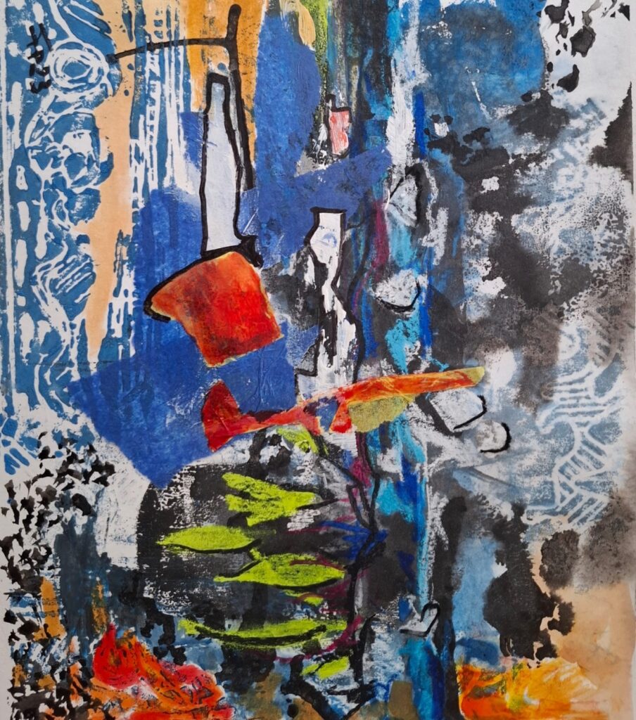 François Perotti : collage bleu aux poissons vert (