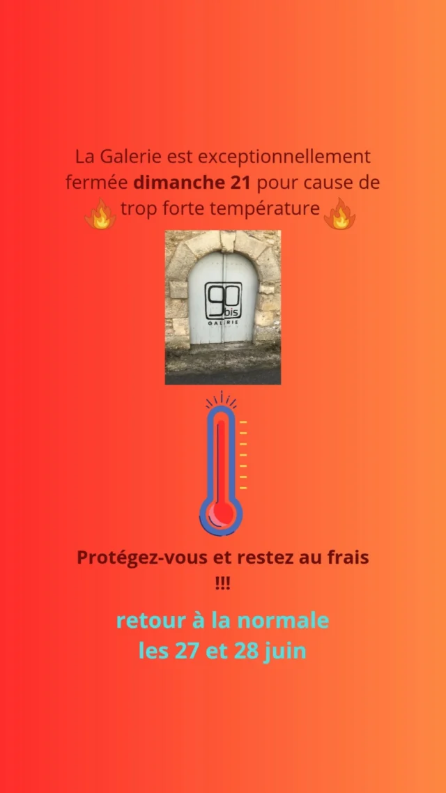 Dimanche 21 fêtez les papas, restez au frais et à l'ombre !
🔥La galerie sera exceptionnellement fermée🔥

#canicule2026 #galeriedart#artcontemporainfrançais #frenchartiste #taillebourg17 #nouvelleaquitaine_focus_on #charentestourisme #charentemaritimetourisme